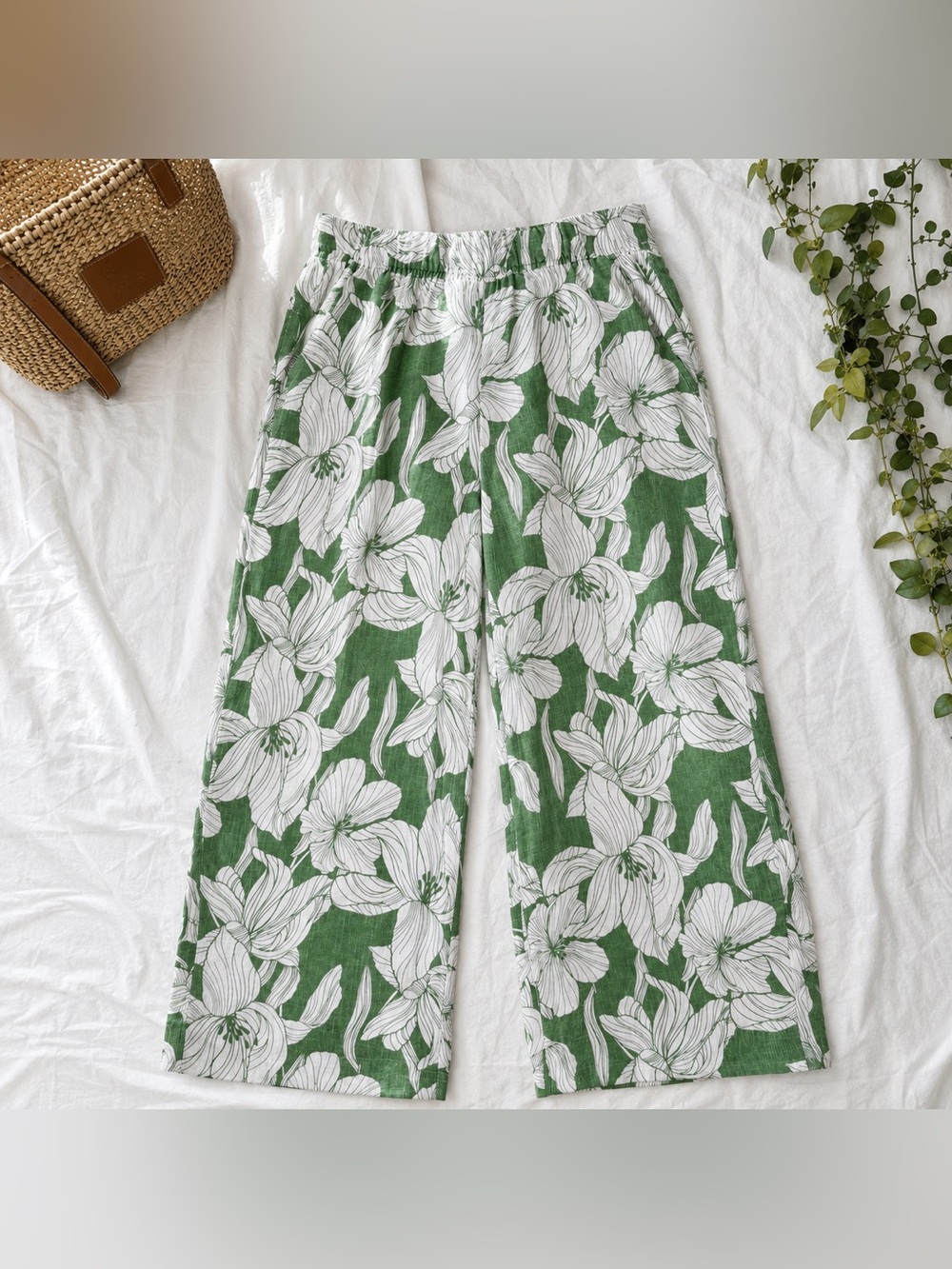Tahari 100% Linen Floral Wide Leg Pull On Pants